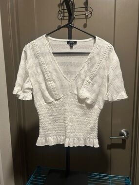 AUW Cream Smocked V-Neck Ruffle Sleeve Top